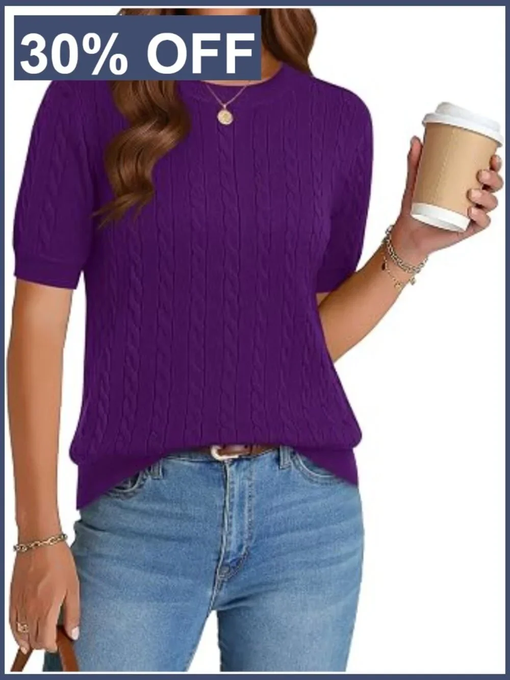 Short Sleeve Cable Knit Sweater Women Summer Spring Casual Work Top
